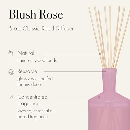 LAFCO New York Classic Reed Diffuser, Blush Rose - 6 oz - Up to 3 Months Fragrance Life - Reusable Glass Vessel - Natural Wood Reeds - Made in the USA