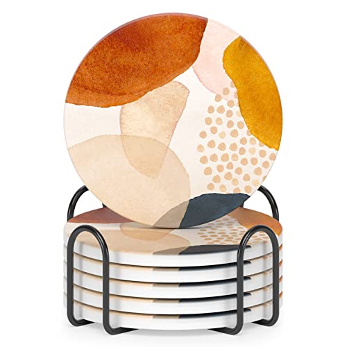 Coasters for Drinks, Set of 6 Cute Absorbent Ceramic Drink Coasters | Set of 6 Absorbent Ceramic Drink Coasters with Holder and Cork Base, Kitchen Home Decor Housewarming Gift, Round 4 in - color: Simple Abstract Art