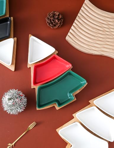 Colorful Christmas Tree Plate Chip & Dip Set, 12'' Ceramic Snack Plate with Bamboo Tray, Removable Porcelain Christmas Tree Appetizer Dessert Fruit Salad Saucers Bowl Cutlery Platter Serving Dish