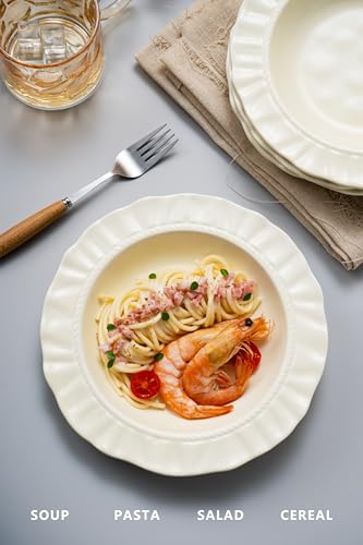 8.6" Ceramic Wide Rim Soup Bowls Set of 4, Cream Color Embossed | Italian-Inspired Floral Embossed Design with Matte Finish, Microwave & Dishwasher Safe, Ideal for Pasta, Salad, Soup and More