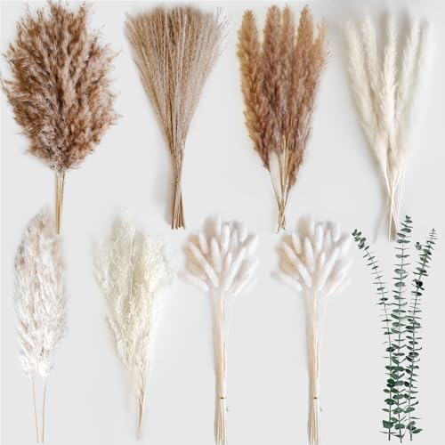Dried Flower Bouquet - Pampas Grass, Bunny Tails, Olive Green Eucalyptus & Preserved Flowers - Boho Chic Home Decor, Rustic Wedding Centerpiece, Farmhouse Style Arrangement (Vase Not Included)