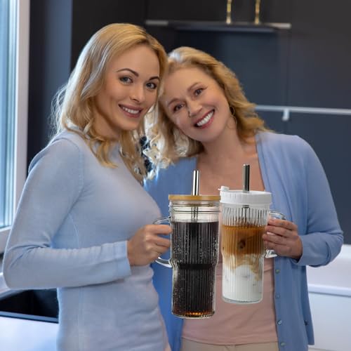 24oz Ribbed Glass Tumbler With Handle,4Pack Glass Cup with Lids and Straws,Reusable Glass Iced Coffee Cups With lids,Mason Jar Cup&Drinking Glasses for Smoothie,Shake,Juice,Soda Water,Tea,Travel