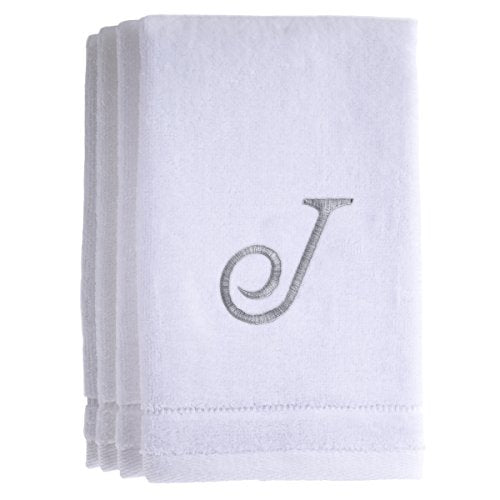 Monogrammed Towels Fingertip, Personalized Gift, 11 x 18 Inches - Set of 4- Silver Embroidered Towel - Extra Absorbent 100% Cotton- Soft Velour Finish - For Bathroom/ Kitchen/ Spa- Initial J (White) - color: J