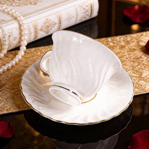 KAMMAK Tea Cups and Saucers Set of 2, Fine Bone China Coffee Cups, GH023 | Stackable Espresso Mugs, Ceramic Demitasse for Coffee, Cappuccino, Latte, Americano, Tea - size: 8KPGH023+24