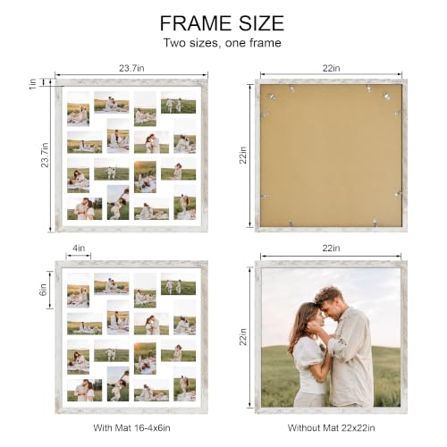 Hongkee 22x22 Frame 2 Pack, Fits 16 4x6 Photo with Mat- Real Glass Cover | Distressed White Wooden, Display Collage Sixteen 4x6 - Wall Mounting, fits Photos, Posters and Art - color: Distressed White, size: 22x22 in matted to 16-4x6