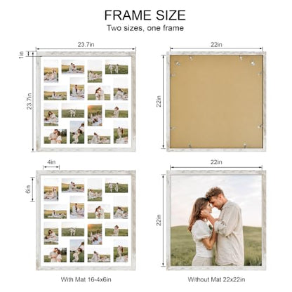 Hongkee 22x22 Frame 2 Pack, Fits 16 4x6 Photo with Mat- Real Glass Cover | Distressed White Wooden, Display Collage Sixteen 4x6 - Wall Mounting, fits Photos, Posters and Art - color: Distressed White, size: 22x22 in matted to 16-4x6