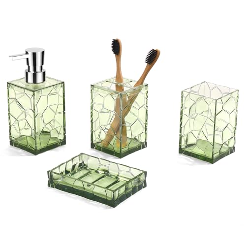 GAHEFY Green Bathroom Accessories Set with Toothbrush Holder, Soap Dispenser, Tumbler, Soap Dish, Sage Green Bathroom Decor, Acrylic (Green-4pcs) - style: Green-4pcs