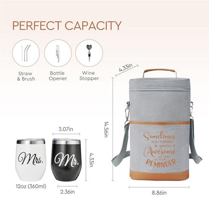 AW BRIDAL Birthday Gifts for Women Men, Drink Happy Thoughts Gift Basket for Housewarming and Beach Camping Travel, Insulated Wine Cooler Bag with Tumbler Mugs and Accessorie Set for Wine Lover Friend - style: Drink happy thoughts