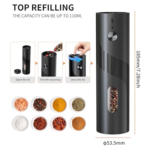 Electric Salt and Pepper Grinder Set Automatic Pepper Mill Grinder | Charging Base & LED Light, Adjustable Coarseness, Large Capacity, One-handed Operation, for Kitchen, Restaurant, Outdoor