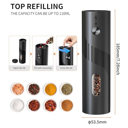 Electric Salt and Pepper Grinder Set Automatic Pepper Mill Grinder | Charging Base & LED Light, Adjustable Coarseness, Large Capacity, One-handed Operation, for Kitchen, Restaurant, Outdoor