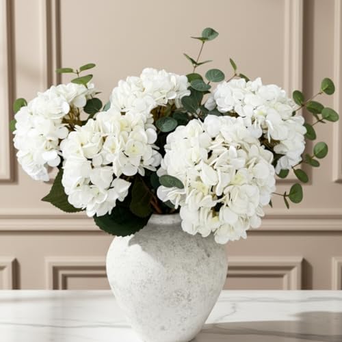 Real Touch White Faux Hydrangea And Eucalyptus Arrangement, Faux Floral Arrangements, Hyper Realistic Artificial Flowers, White Centerpieces For Kitchen Dining Coffee Table Decor (Vase Not Included) - color: White Hydrangea
