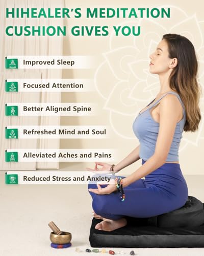 Hihealer Meditation Cushion Set Large Velvet Floor Pillow & Traditional Tibetan Yoga Bolster for Adults Zafu Meditation Mat with Buckwheat Filling (Black) - color: Black