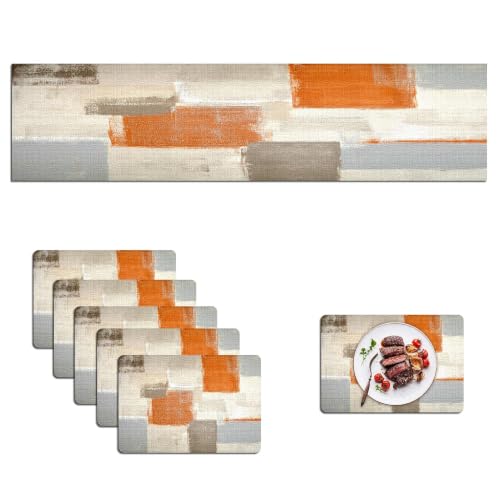 Mcalk Farmhouse Orange Table Runner and Placemats Set of 6 Pieces, Brown Placemats Modern Art,Grey Abstract Art Cloth Place Mats Indoor for Kitchen,Linen Material for Dining Table - color: 01orange