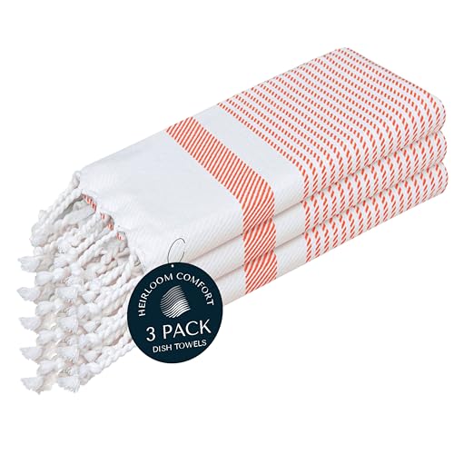 Orange Turkish Kitchen Towels 16x26 Inch, 3 Pack, 100% Cotton, Ultra Absorbent, Soft, Fast Dry, Machine Washable, Dish Towel with Tassels for Drying Dishes, Cleaning, Everyday Use - color: Bright Orange, style: 3 Pack