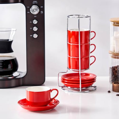 2.5oz Espresso Cups Set of 4, Small Stackable Coffee Cups with Saucers and Metal Stand, Ceramic Demitasse Cups, Cappuccino Cups for Coffee Drinks, Latte, Red - color: Red, size: 2.5oz