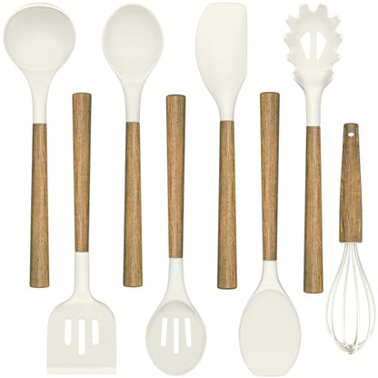 Non-Stick Silicone Kitchen Utensils Set with Natural Acacia Hard Wood Handle, Umite Chef 8 Pieces Kitchen Spatulas set, White, BPA Free, Baking, Serving and Cooking Utensils - color: White