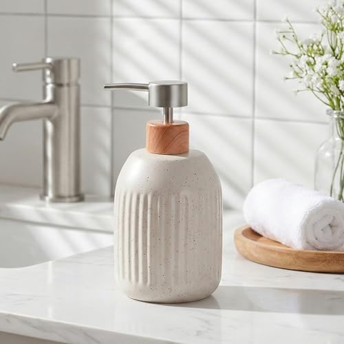 Ceramic Soap Dispenser, 16oz Rustic Dish Hand Soap Dispenser for Bathroom & Kitchen, Speckled Liquid Soap Pump Bottle for Shampoo, Lotion, Conditioner, Modern Farmhouse Bathroom Accessories - color: Ribbed-cream
