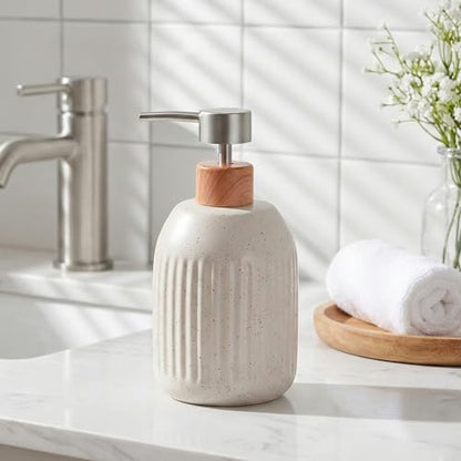 Ceramic Soap Dispenser, 16oz Rustic Dish Hand Soap Dispenser for Bathroom & Kitchen, Speckled Liquid Soap Pump Bottle for Shampoo, Lotion, Conditioner, Modern Farmhouse Bathroom Accessories - color: Ribbed-cream