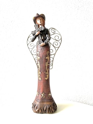 SUREG Western Cowgirl Angel Holding Cross, Family, Friend Figurine Statue Hand Painted Rustic Life-Like Detailed Home Office Decoration Poly Resin 1 Item (Holding Cross Sign) - color: Holding Cross Sign