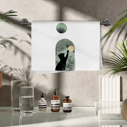 Boho Black Cat Kitchen Towels Set of 4, Sage Green Mid Century Modern Abstract Botanical Decorative Hand Towel for Bathroom, Black Cat Gifts Dish Tea Towels for Kitchen Decor, 16x24 Inch