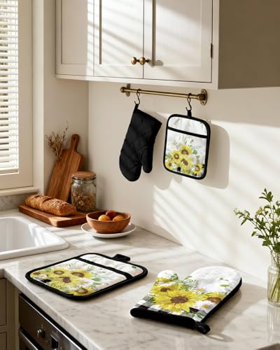 Miss Adola Cotton Oven Mitts and Pot Holders Sets, Sunny Bloom | Heat-resistant up to 350°F, Pure Cotton, Quilted Contact Surface, Stylish Design, with Hanging Loop, Ready to Gift Package - color: Sunny Bloom