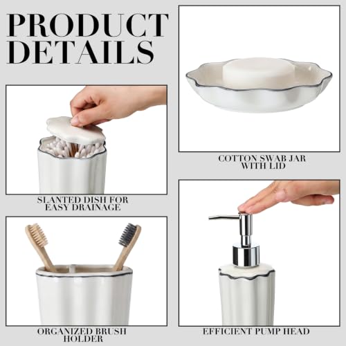 Zhehao Scalloped Bathroom Ceramic Accessories Set 4 Pcs Bathroom Accessory Sets with Toothbrush Holder Soap Dispenser Soap Dish Cotton Swab Jar Bathrooms Countertop Organizer (Black) - color: Black