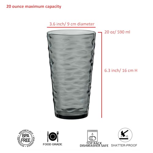 20-ounce Plastic Tumblers, Acrylic Drinking Glasses High-Balls, set of 6 Gray Reusable Plastic Cups, Stackable, BPA-Free, Shatter-Proof, Dishwasher-Safe - color: Gray