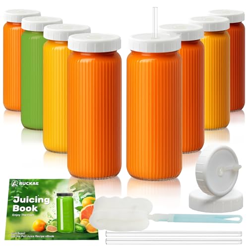 Ruckae 16oz Juice Bottles,Ribbed Glass Juicing Bottles with Lids,Smoothie Cup Lids and Straws,Water Bottle Mason Jar Drinking Glasses for Juicing,Smoothies,Kombucha (Clear-8 pack) - color: Transparent with Stripe, size: 16oz-8pack