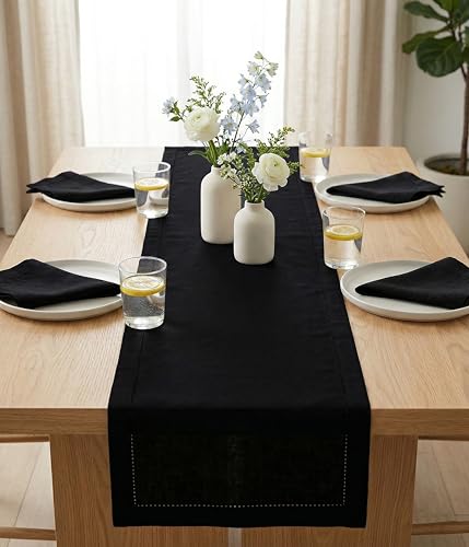 Black Table Runner - Hemstitch Detail - 100% Cotton Durable Washable Fabric - Ideal for Spring Easter Summer, Perfect as 6 ft Table Linen - Solid Hemstitch - 14 x 72 Inch - size: 14 x 72 Inch