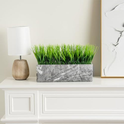 MyGift 14 Inch Artificial Green Grass Plant in Gray Marble Pattern Resin Ribbed Rectangle Planter, Faux Greenery Rectangular Cement Pot Centerpiece Home Décor - color: Gray Marble