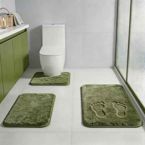 Green Bathroom Set Extra Soft Memory Foam Bath Mat Sets 3 Piece Non Slip Absorbent & Dry Living Mat Sets Washable Bath Carpets with Toilet Rug,Bath Rugs for Bathroom,Tub,Shower,Kitchen,Bedroom - color: Lime Green