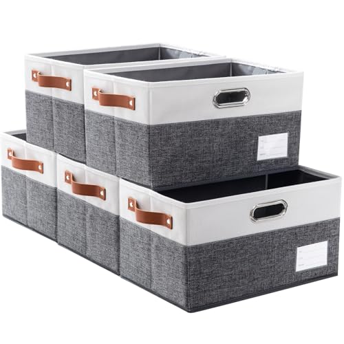 Larger Foldable Storage Bins with Handles [5-Pack] Fabric Collapsible Storage Boxes Baskets Cubes Containers with Handles for Closet Living Room Bedroom (Grey & White 17.3x12.2x10.4') - color: Grey & Cream, size: Jumbo(5-Pack)