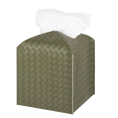 Tissue Box Cover Square Leather Facial Paper Holder, Olive Green | PU Leather，Easy to Fill, Easy Clean, Decorative Cube Tissue Box Holder for Office, Bathroom,Kitchen, Living room, Guest room - color: Olive Green, size: square