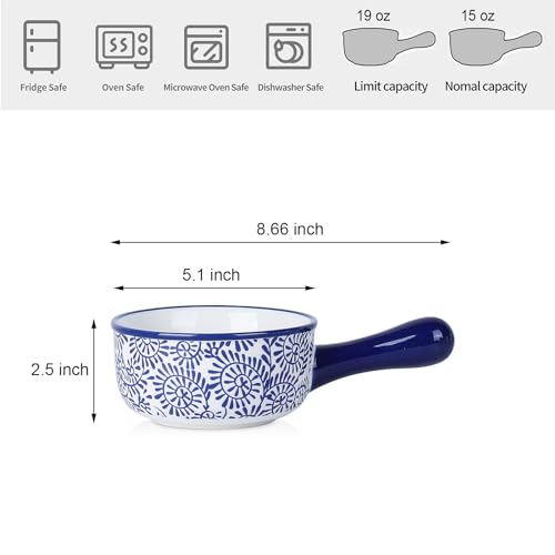 Selamica Ceramic Soup Crocks With Handles, 15 OZ French Onion Soup Bowls, Oven Safe Soup Bowls For Cereal, Stew, Chilli, Pot Pies, Baking, Microwave Dishwasher Safe, Set of 4, Vintage Blue