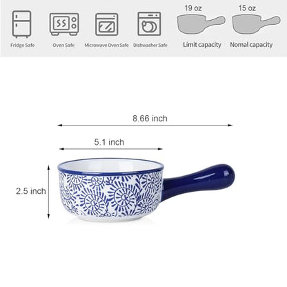 Selamica Ceramic Soup Crocks With Handles, 15 OZ French Onion Soup Bowls, Oven Safe Soup Bowls For Cereal, Stew, Chilli, Pot Pies, Baking, Microwave Dishwasher Safe, Set of 4, Vintage Blue