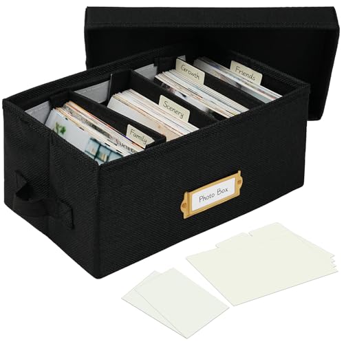 Collapsible Photo Storage Box, Adjustable Dividers - Black, 28cm | Holds 850 Photos, Hook & Loop Dividers, Handle, Label Stickers - color: Black, size: 11.22"x6.89"x5.12"