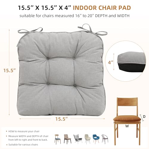 RACE LEAF Indoor Chair Cushions 4 Pack, Tufted Memory Foam Dining Room Chair Pads with Ties and Non-Slip Backing, Kitchen Seat Cushions 15.5" X 15.5" Light Gray - color: Light Gray