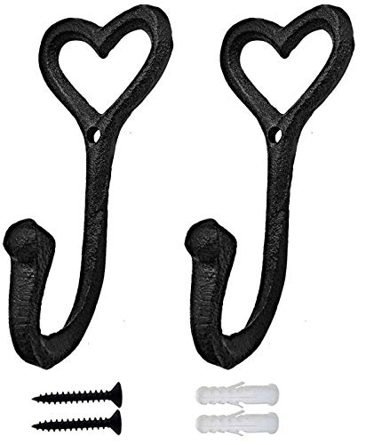 Decorative Wall Hooks Coat Towel Hook, 2 Pcs Key Bag Hanger Coat Hooks Cast Iron Vintage Holder Love Heart Shape Home Decor, Bath Kitchen Garage Hanging Scarf Cap Cup Hat Purse Robes Hook