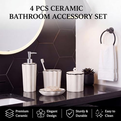 Zhehao Scalloped Bathroom Ceramic Accessories Set 4 Pcs Bathroom Accessory Sets with Toothbrush Holder Soap Dispenser Soap Dish Cotton Swab Jar Bathrooms Countertop Organizer (Black) - color: Black
