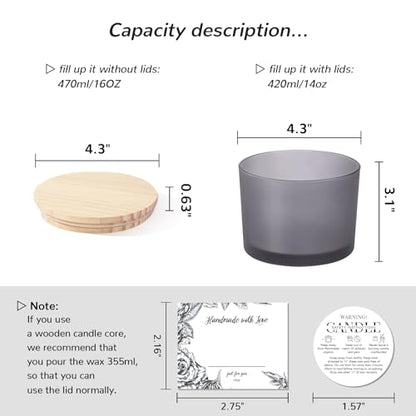 6 Pack Glass Candle Jars with Lids (16oz, Frosted Grey) - Large Candle Jars for 3 Wick Candles Making - Empty Candle Jars Containers - Candle Making Accessories Include 16Pcs Candle Labels - color: Frosted Grey