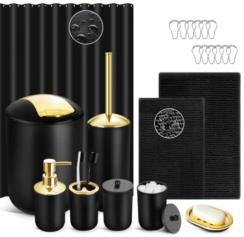 Black Bathroom Accessories Set, 22Pcs Bathroom Sets with Shower Curtain and Rugs, Bathroom Accessories Sets Complete with Trash Can, Non-Slip Bathroom Rugs, Super Absorbent, Black Gold - color: Black+gold, size: 7Pcs Bathroom Set + Shower Curtain + 2Pcs R
