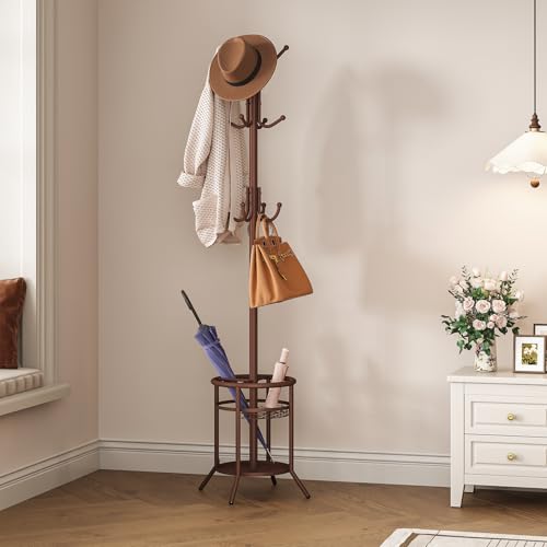 ELYKEN Coat Rack Freestanding, Metal Coat Rack with Umbrella Holder | 12 Hooks, Round Base, Heavy Duty Floor Standing Coat Tree for Entryway, Hallway, Living Room, Bedroom, Office, Brown - color: Brown