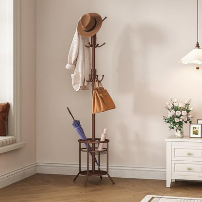 ELYKEN Coat Rack Freestanding, Metal Coat Rack with Umbrella Holder | 12 Hooks, Round Base, Heavy Duty Floor Standing Coat Tree for Entryway, Hallway, Living Room, Bedroom, Office, Brown - color: Brown
