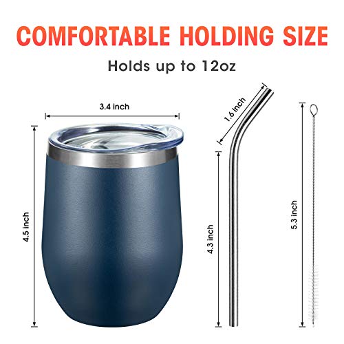 COMOOO 12oz Stainless Steel Wine Tumbler with Lid and Straw Double Wall Vacuum Insulated Wine Tumbler Cup Stemless for Hot and Cold Drinks, Coffee, Wine, Cocktails Navy, 8 Pack - color: Navy