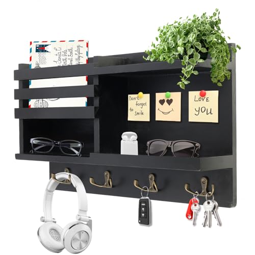 Key Holder Wall Mount, Solid Wood Key and Mail Organizer for Wall(Self Adhesive or Drill), 8 Hooks Key Rack for Entryway Hallway Bedroom Farmhouse Home Decor (Matte Black) - color: Matte Black