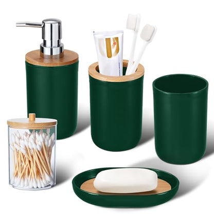 Bathroom Accessories Set 5Piece Hunter Green Bathroom Sets, Toothbrush Holder, Toothbrush Cup, Lotion Soap Dispenser, Soap Dish and Qtip Holder Bathroom Decor - style: Dark Green
