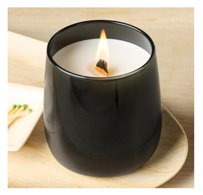 YR BH&G – Luxury Scented Candle, Warm Leathered Amber, 14.5 oz Wooden Wick Jar