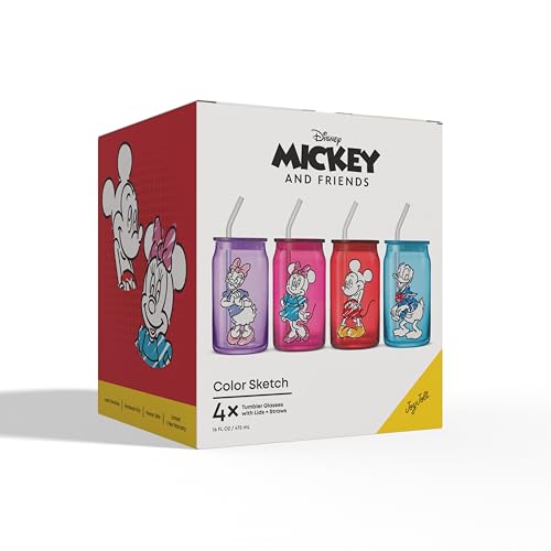 JoyJolt Disney Mickey Mouse and Friends Color Sketch Glass Tumblers with Lids and Straws, 16oz Glass Cups with Lids and Straws, Can Shaped Drinking Glasses Set of 4, Disney Gifts for Adults - style: Mickey Mouse