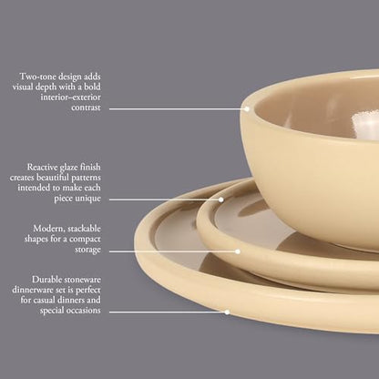 Gibson Elite - Made in Portugal - Port Gaia 12 Piece (Service for 4) Plates and Bowls Reactive Glaze Dishes Stoneware Ceramic Dinnerware Set - Taupe - color: Taupe (12pc Dinnerware Set)