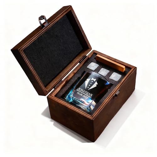 Personalized Whiskey Glass Gift Set – 10.25 oz Engraved 1 Bourbon Glass & 3 Stones & 1 Wooden Coaster with Wooden Box,Old Fashioned Cocktail Glass, Groomsmen & Father’s Day Gift.